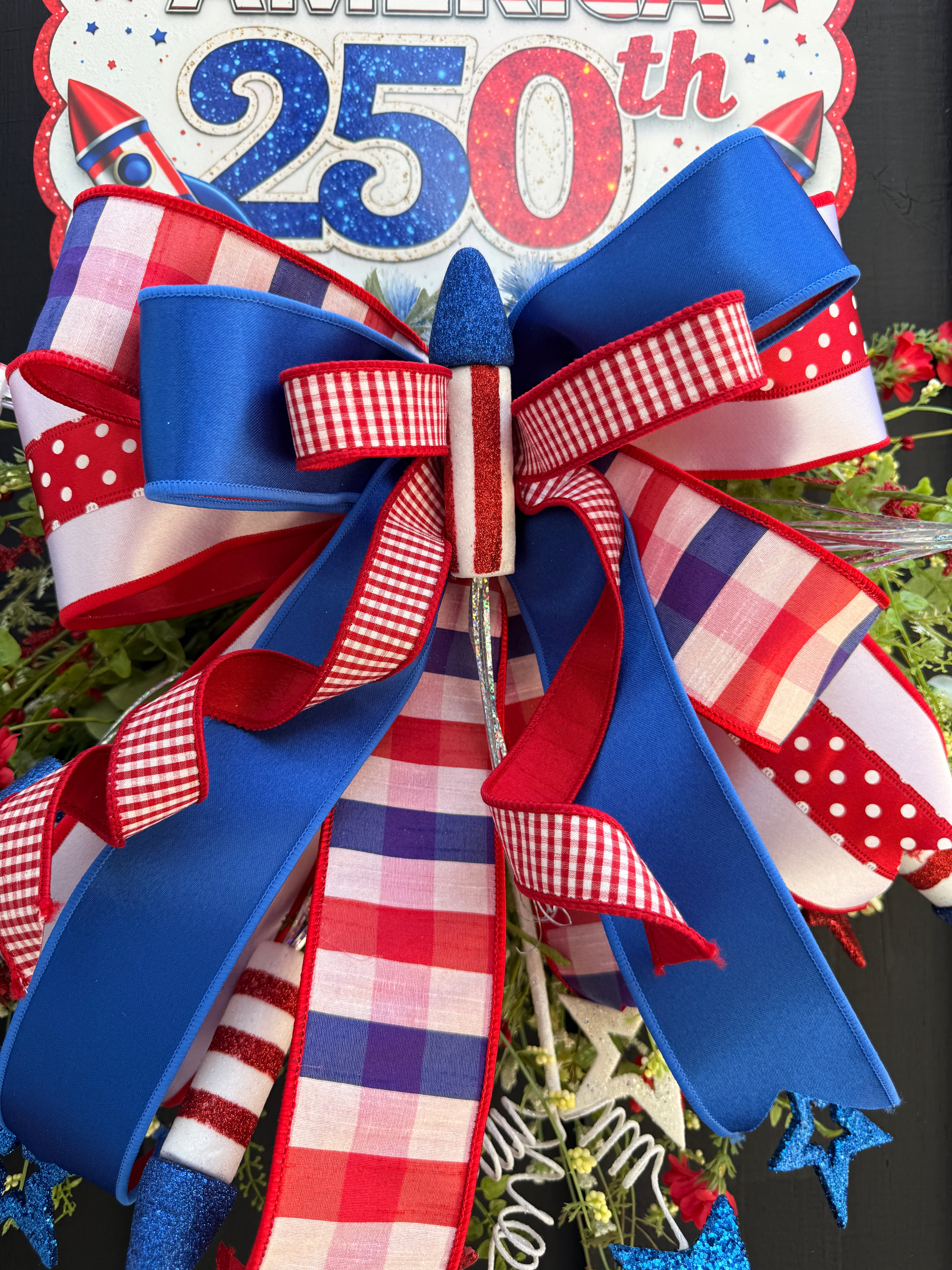 Celebrating America 250th Patriotic Wreath Door Hanger – Red White & Blue Firework Decor