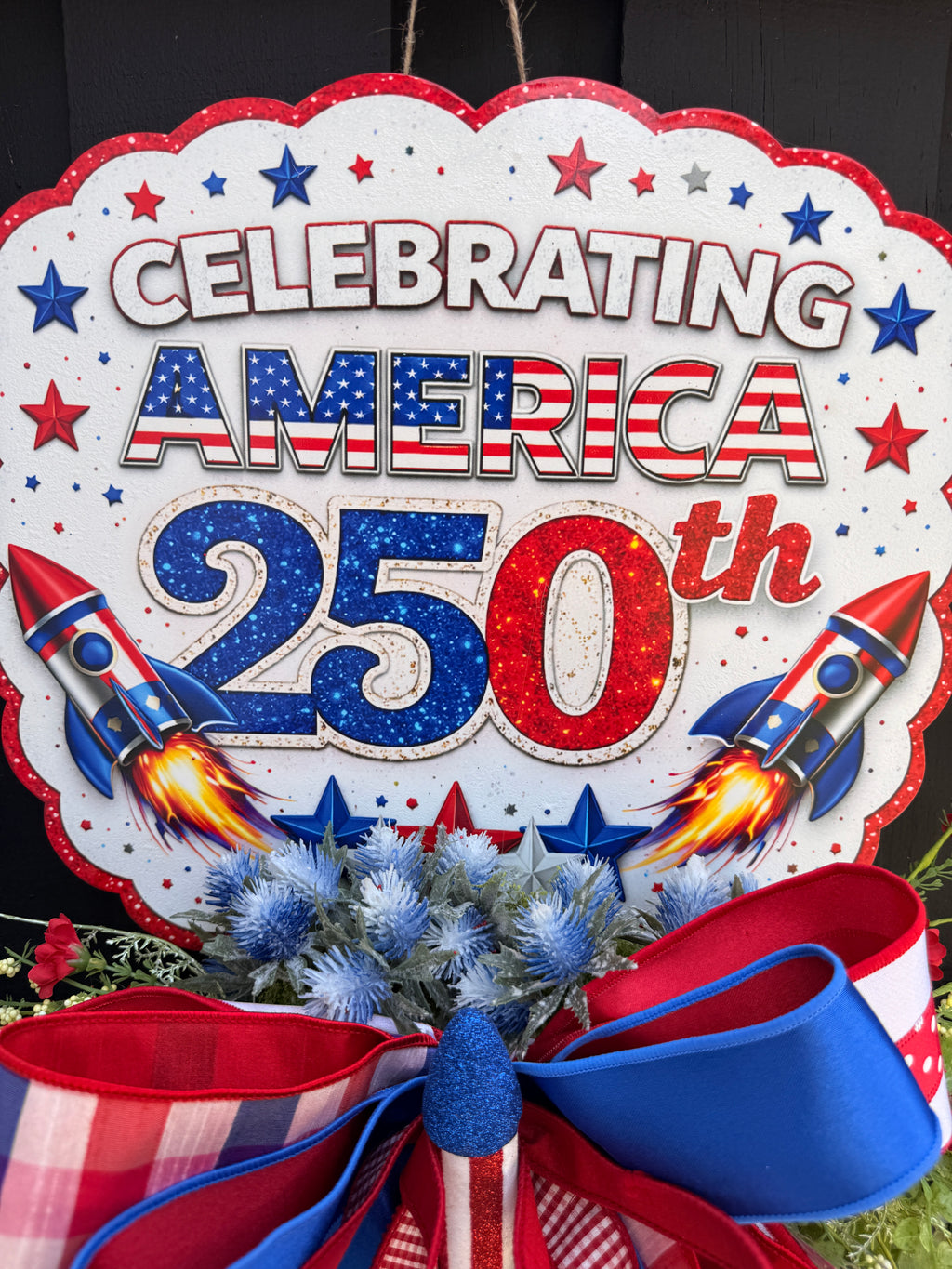 Celebrating America 250th Patriotic Wreath Door Hanger – Red White & Blue Firework Decor