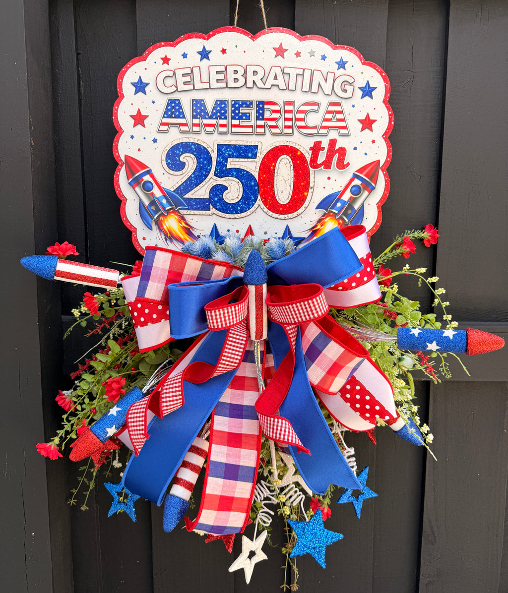 Celebrating America 250th Patriotic Wreath Door Hanger – Red White & Blue Firework Decor