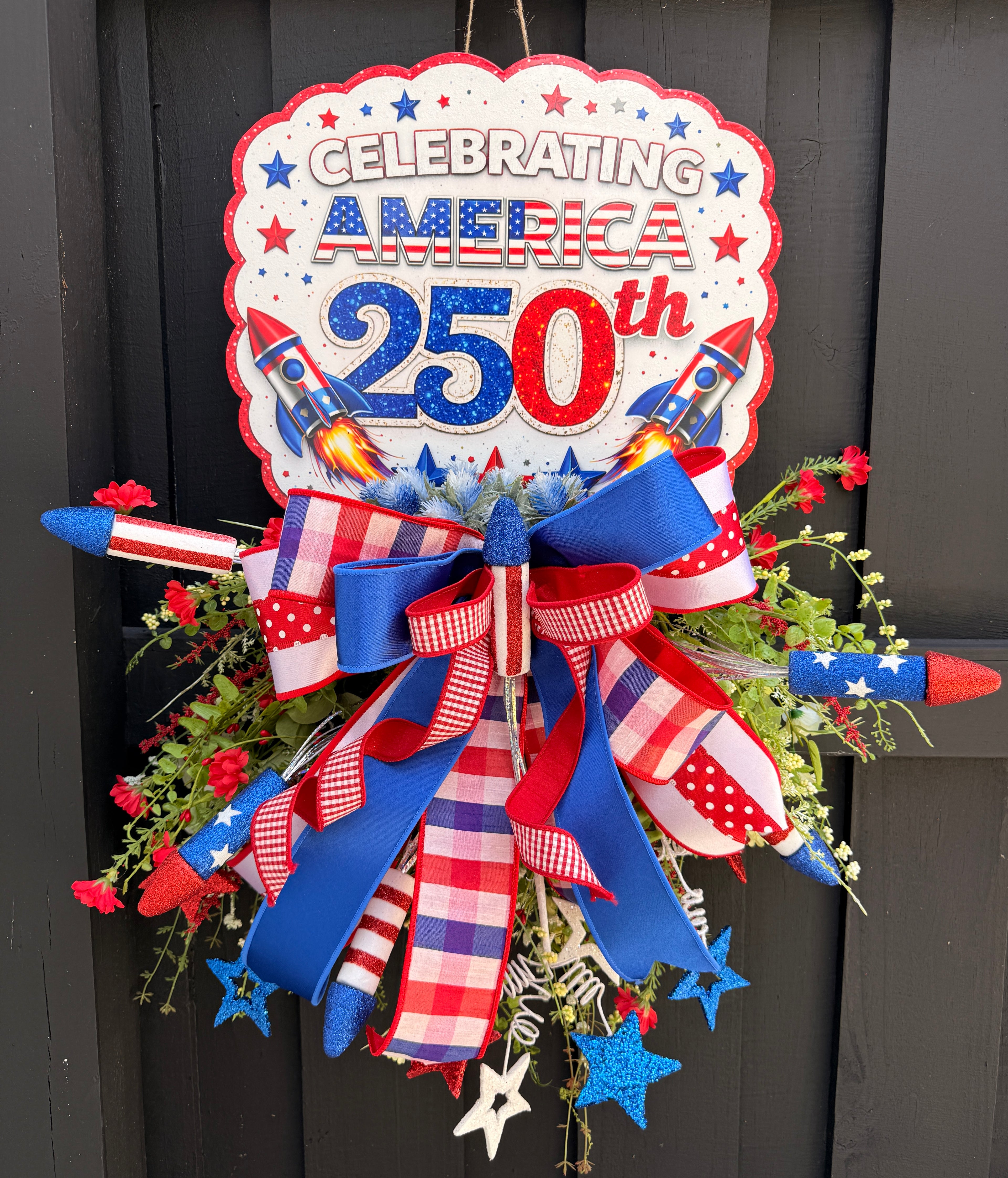 Celebrating America 250th Patriotic Wreath Door Hanger – Red White & Blue Firework Decor