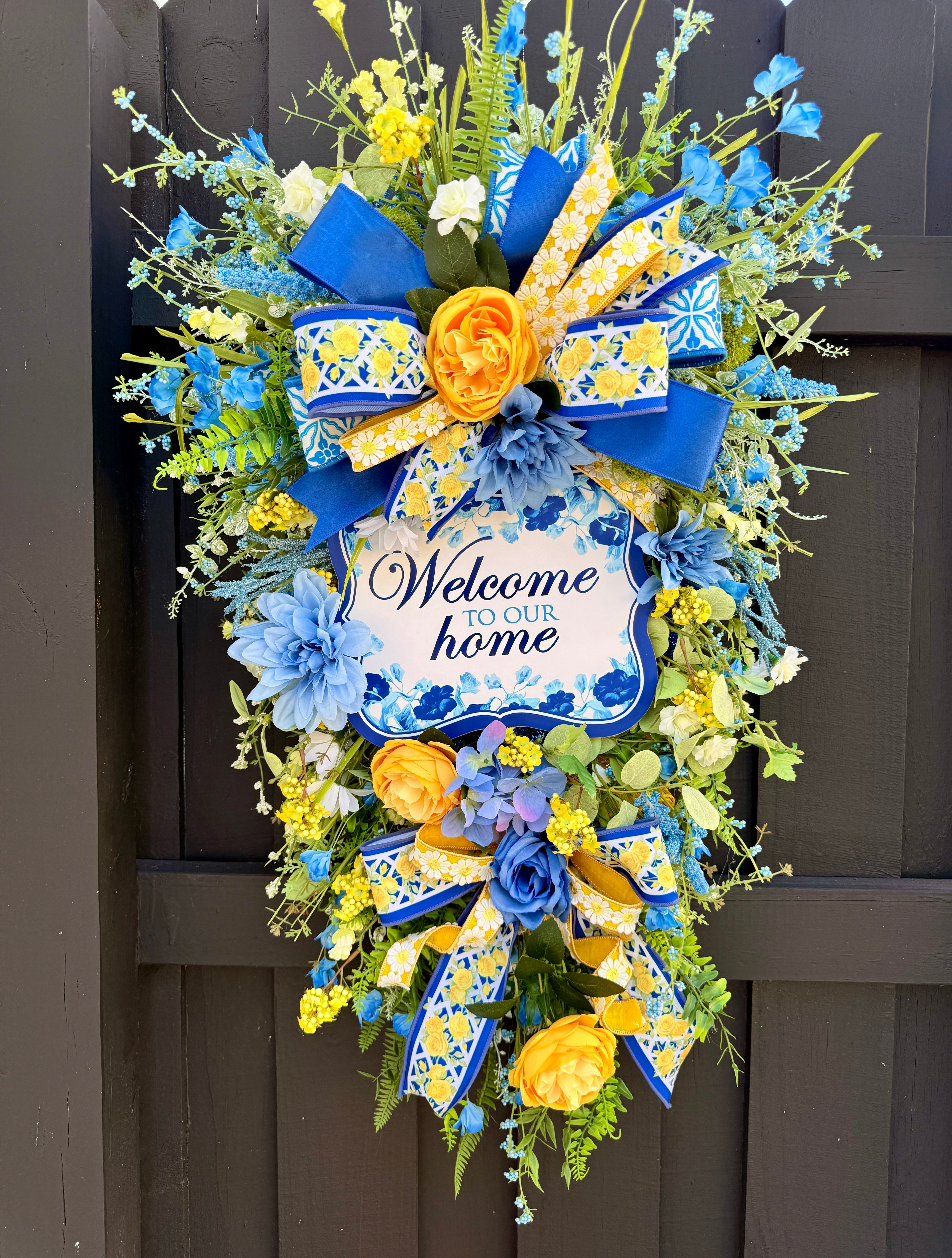 Blue & Yellow Spring Swag Wreath for Front Door, Welcome Home Floral Door Swag, Summer Porch Decor, Everyday Vertical Wreath, Cottagecore Decor