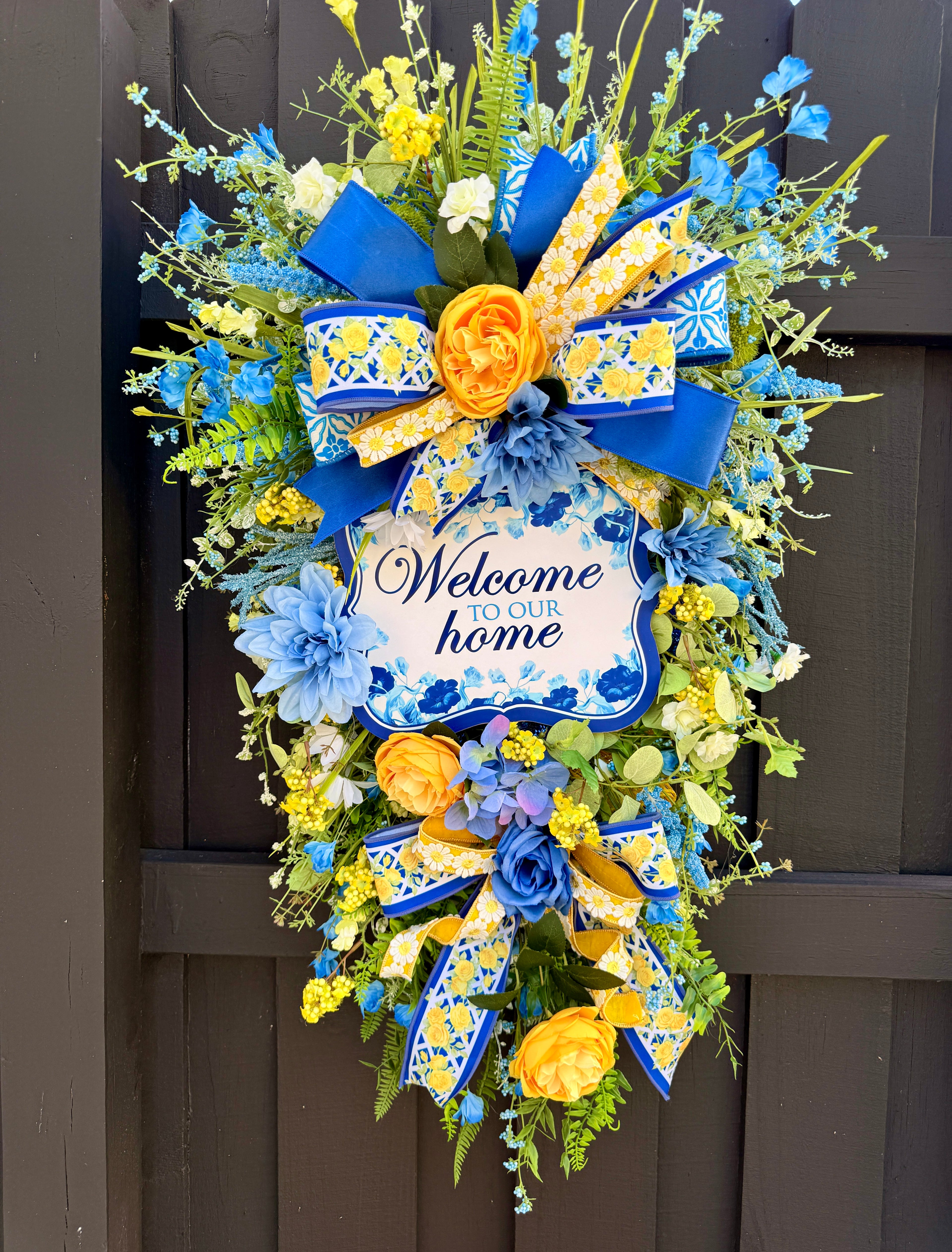 Blue & Yellow Spring Swag Wreath for Front Door, Welcome Home Floral Door Swag, Summer Porch Decor, Everyday Vertical Wreath, Cottagecore Decor