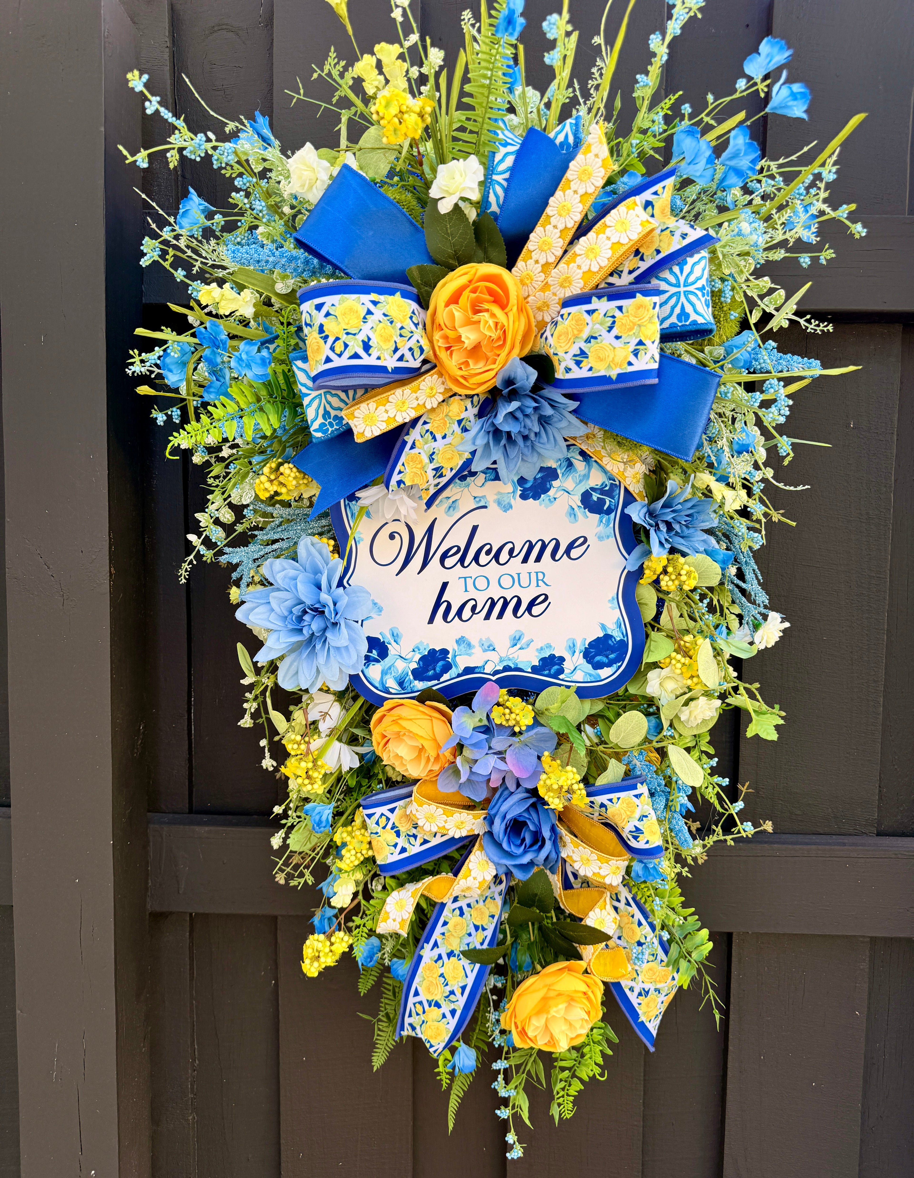 Blue & Yellow Spring Swag Wreath for Front Door, Welcome Home Floral Door Swag, Summer Porch Decor, Everyday Vertical Wreath, Cottagecore Decor