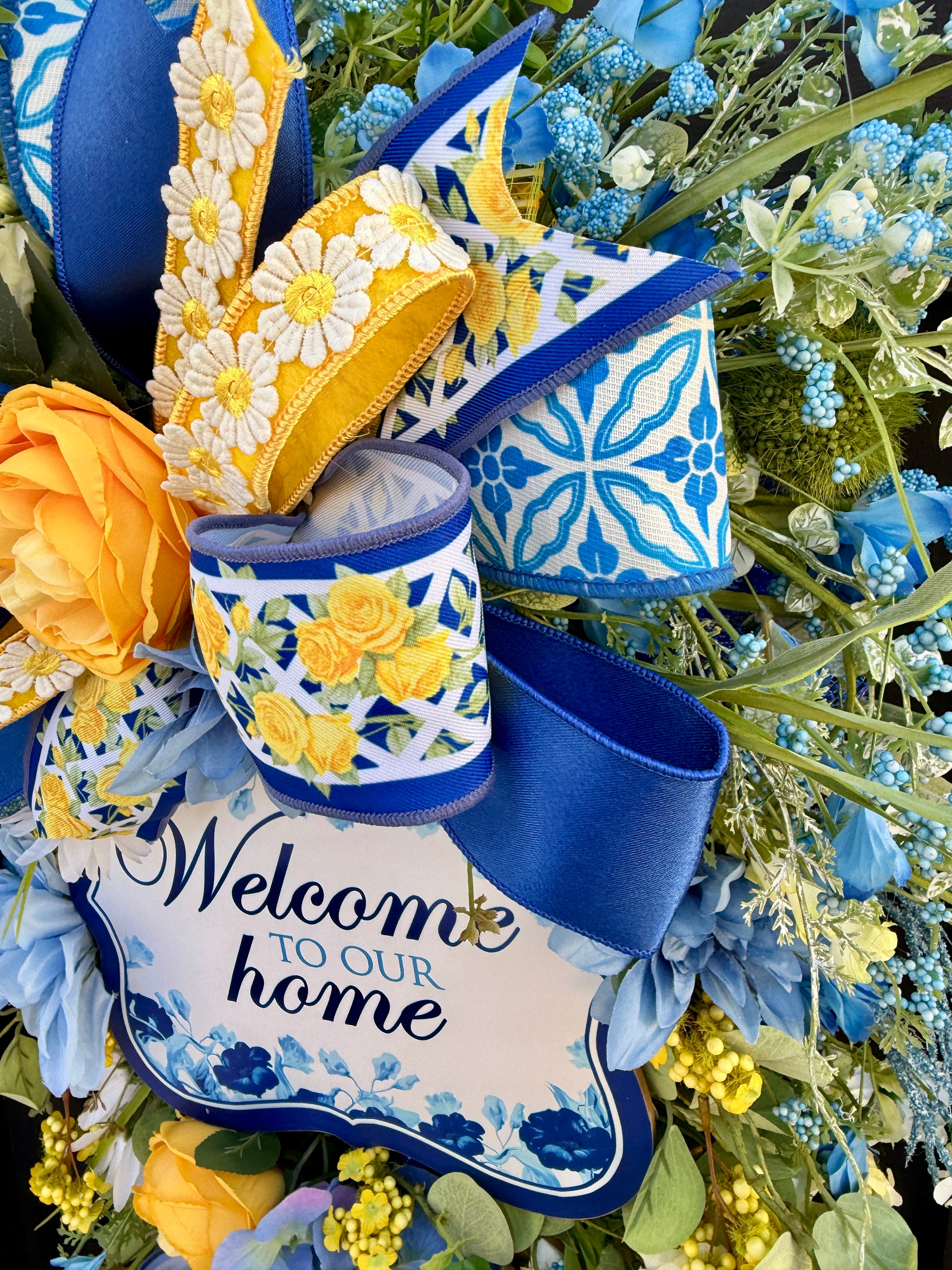Blue & Yellow Spring Swag Wreath for Front Door, Welcome Home Floral Door Swag, Summer Porch Decor, Everyday Vertical Wreath, Cottagecore Decor