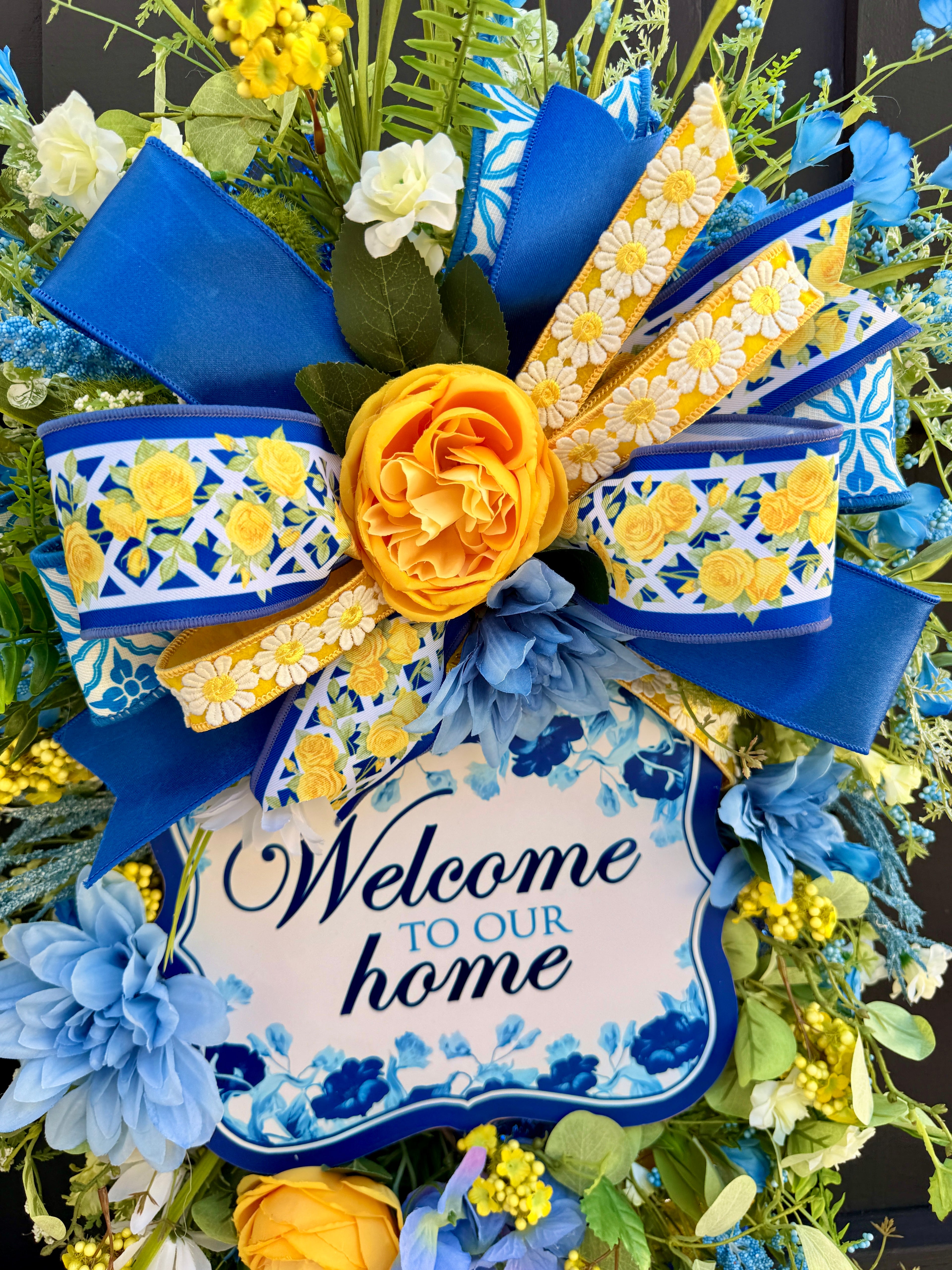 Blue & Yellow Spring Swag Wreath for Front Door, Welcome Home Floral Door Swag, Summer Porch Decor, Everyday Vertical Wreath, Cottagecore Decor