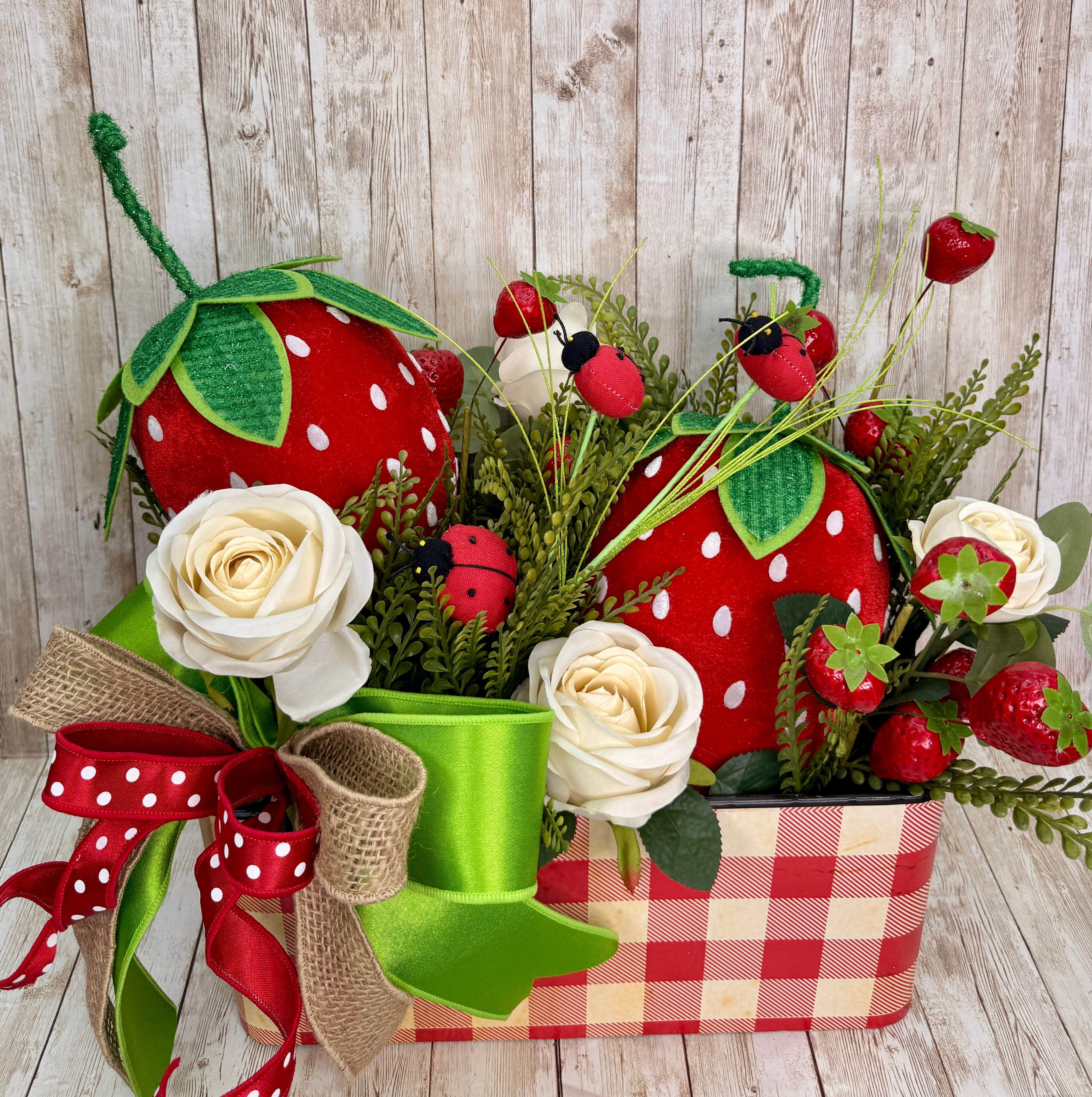 Whimsical Strawberry Summer Centerpiece with Ladybugs & Roses