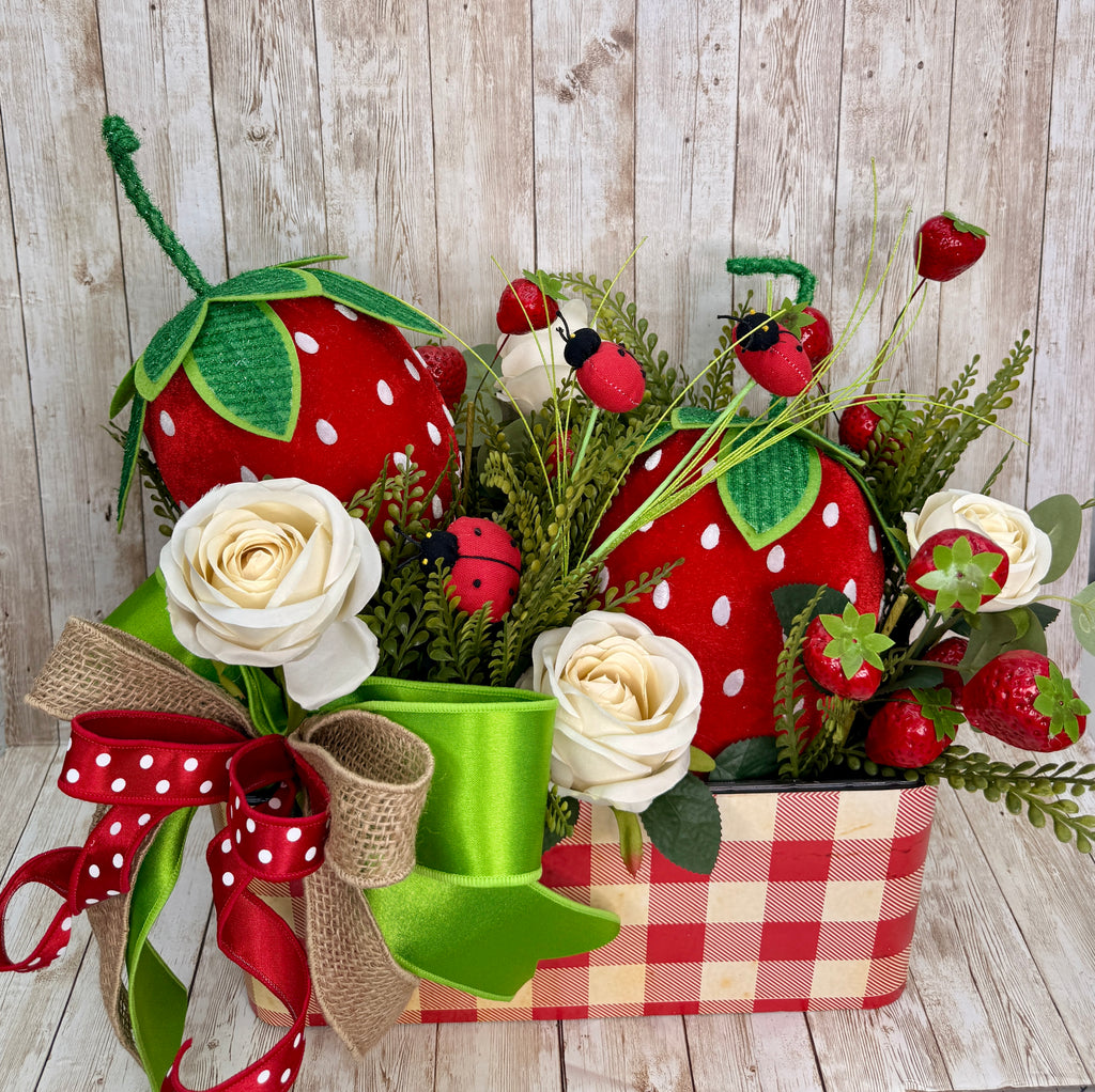 Whimsical Strawberry Summer Centerpiece with Ladybugs & Roses