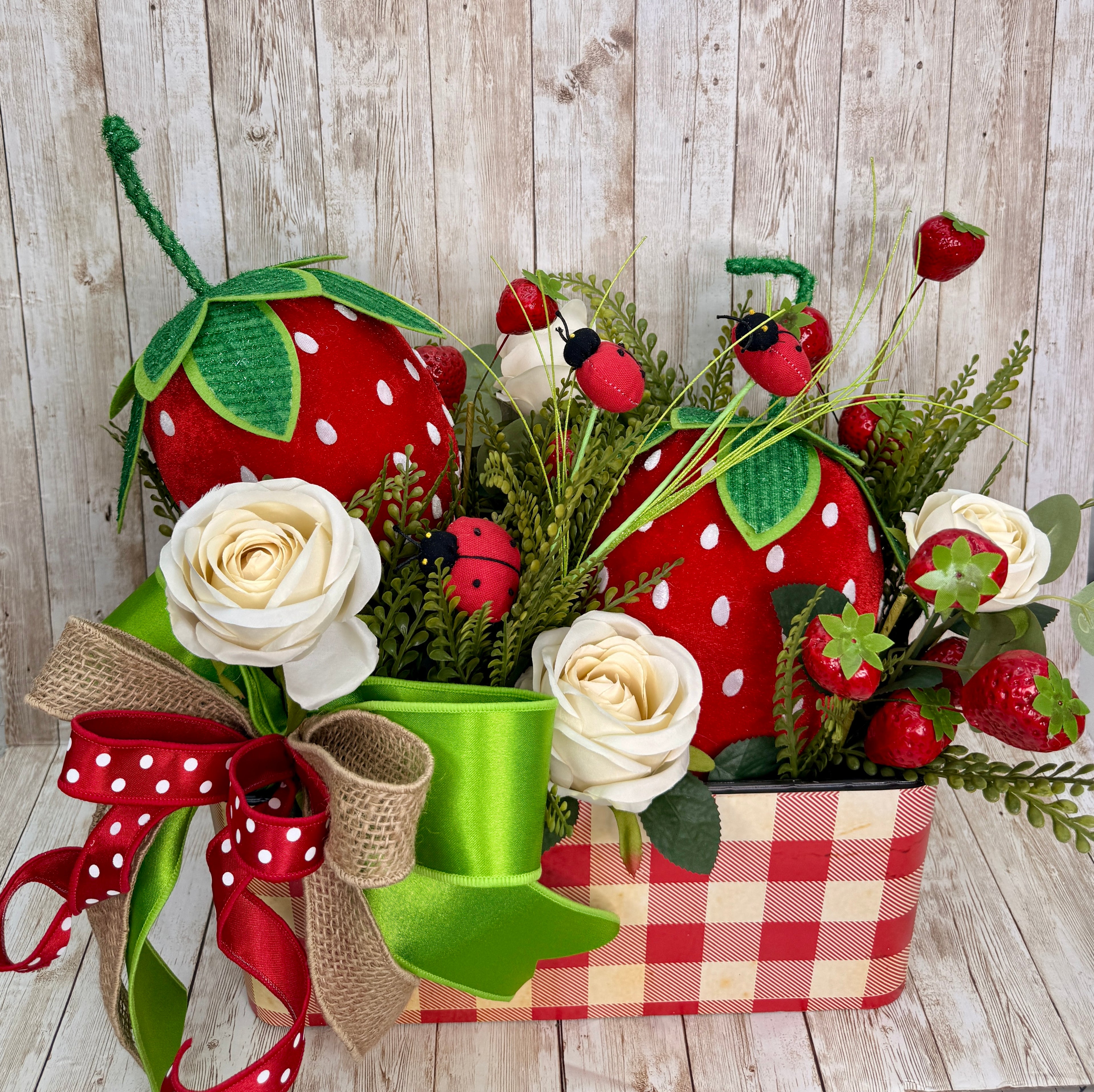 Whimsical Strawberry Summer Centerpiece with Ladybugs & Roses
