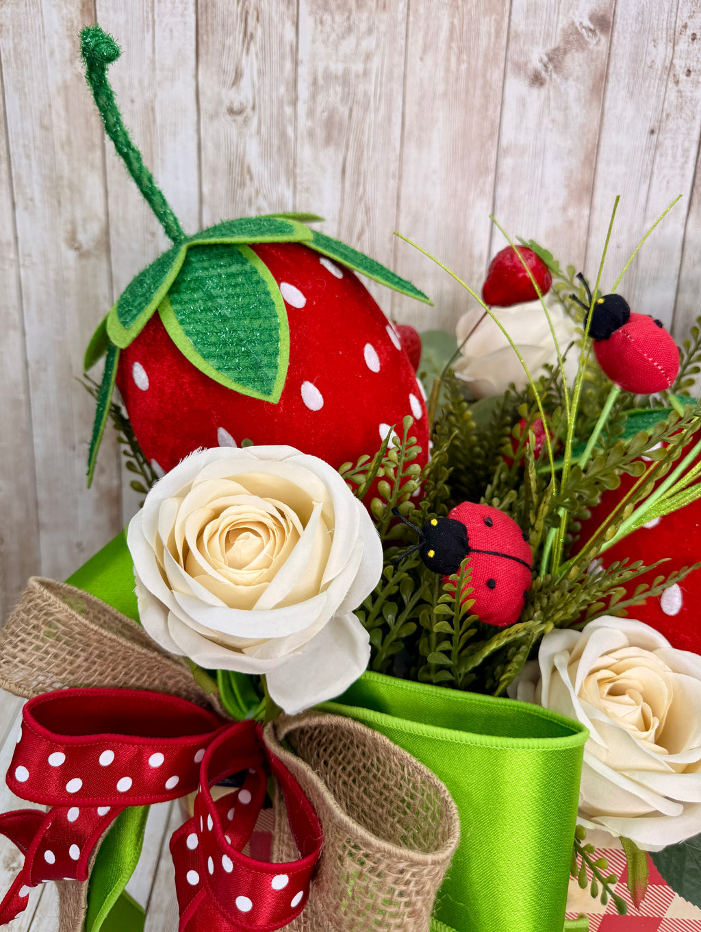 Whimsical Strawberry Summer Centerpiece with Ladybugs & Roses