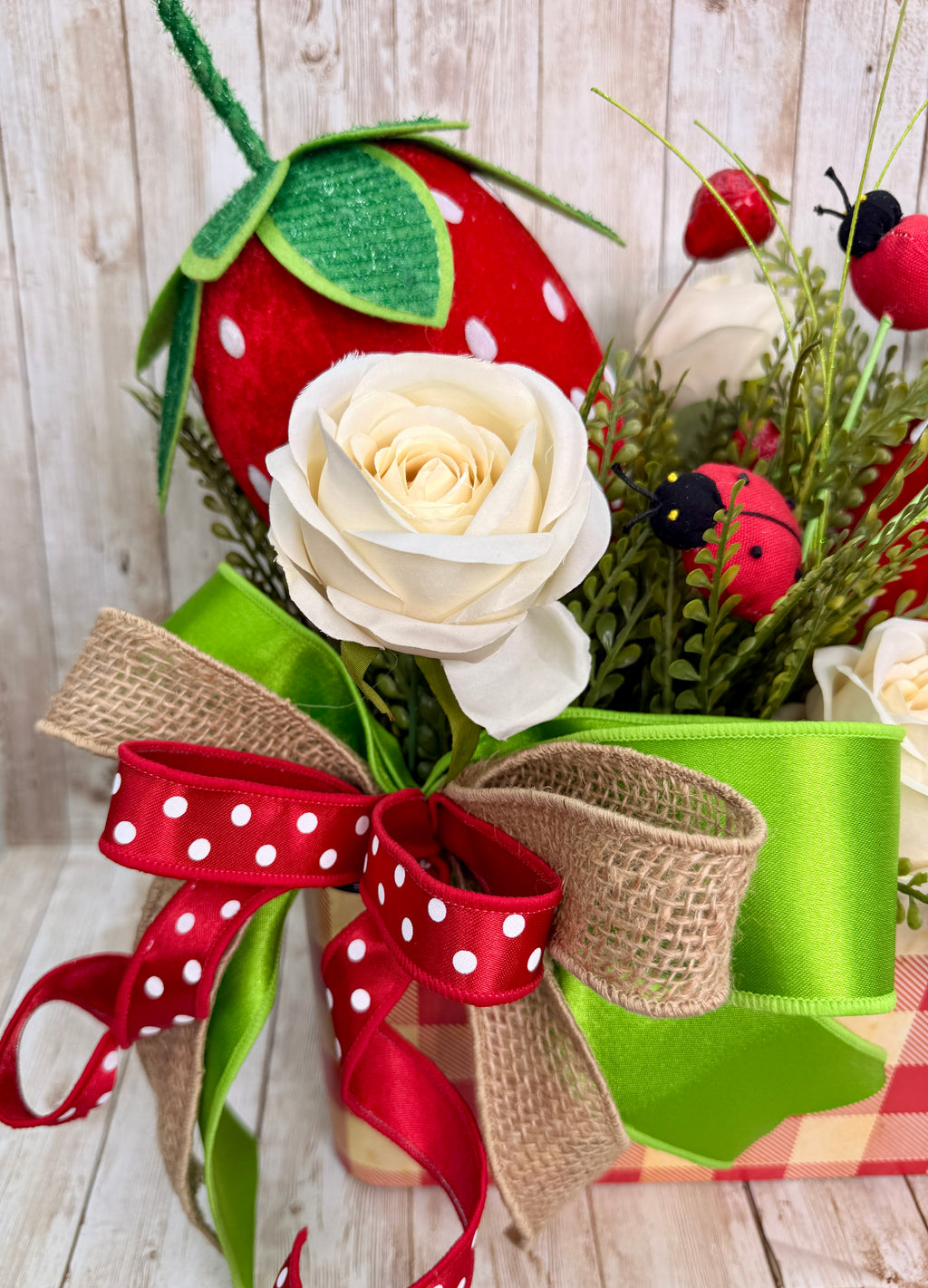 Whimsical Strawberry Summer Centerpiece with Ladybugs & Roses