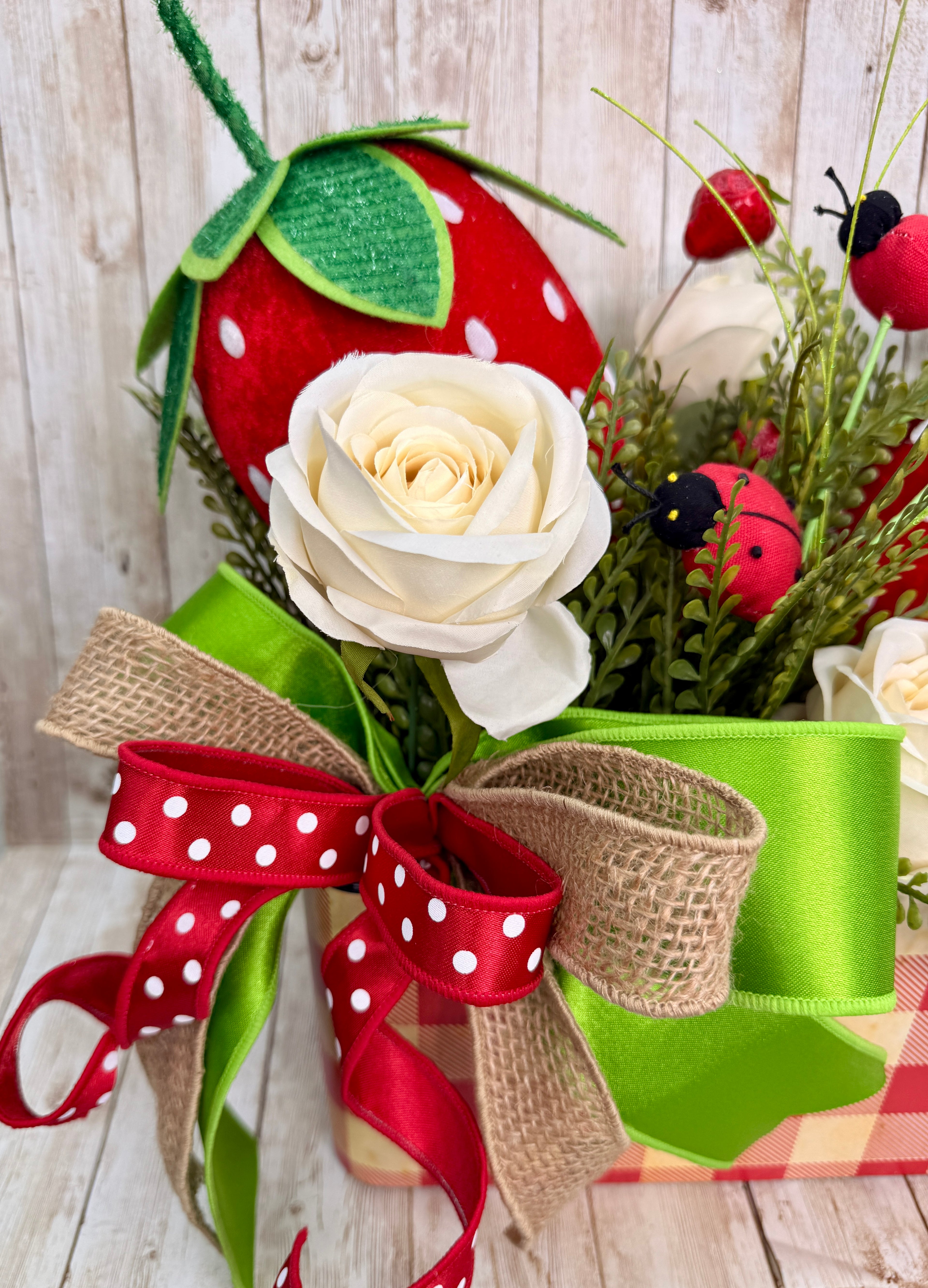 Whimsical Strawberry Summer Centerpiece with Ladybugs & Roses