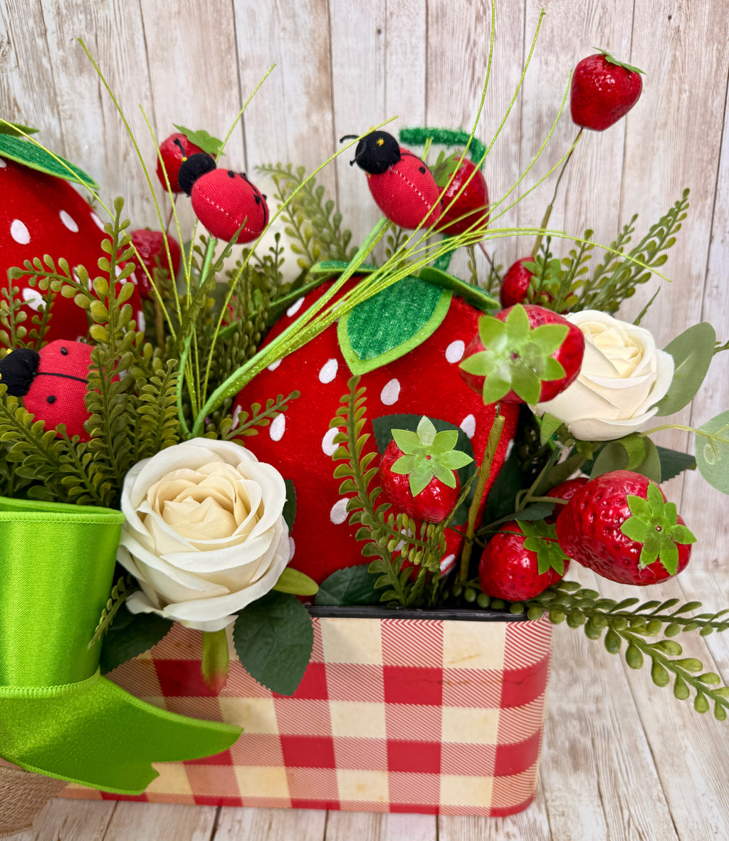 Whimsical Strawberry Summer Centerpiece with Ladybugs & Roses