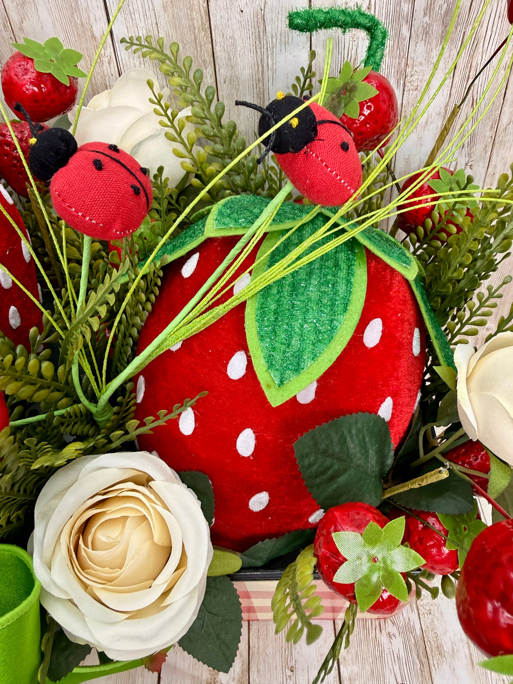 Whimsical Strawberry Summer Centerpiece with Ladybugs & Roses