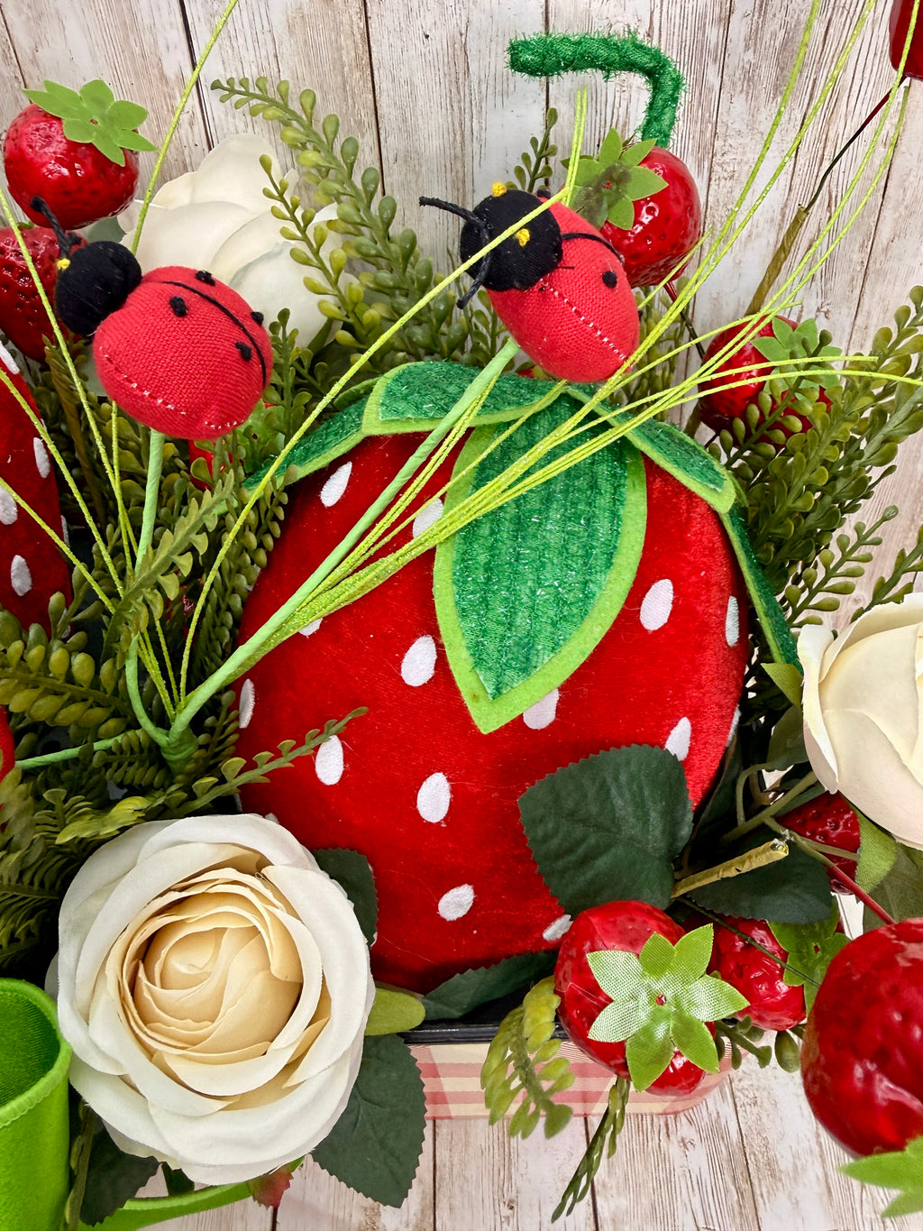 Whimsical Strawberry Summer Centerpiece with Ladybugs & Roses