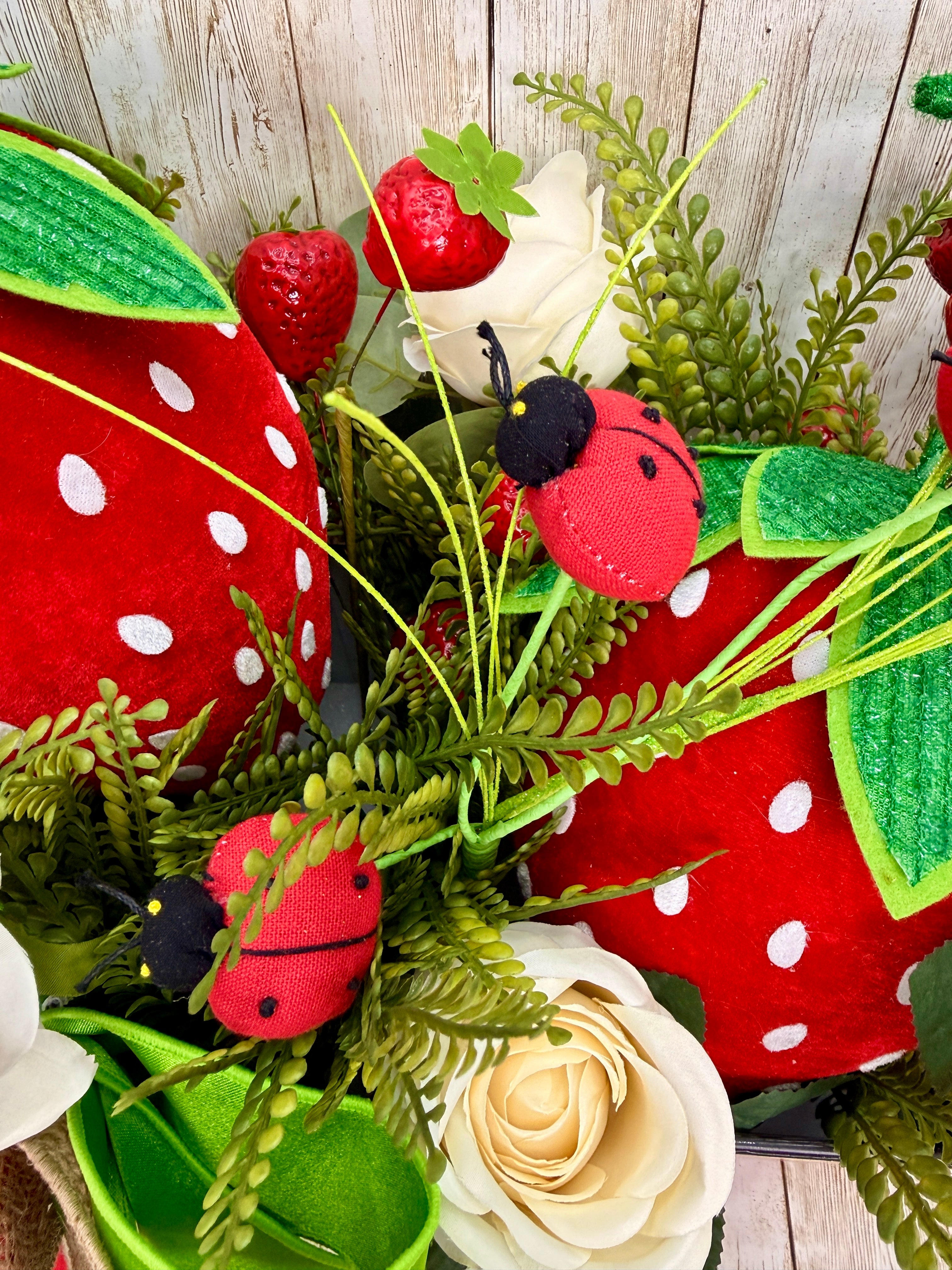 Whimsical Strawberry Summer Centerpiece with Ladybugs & Roses