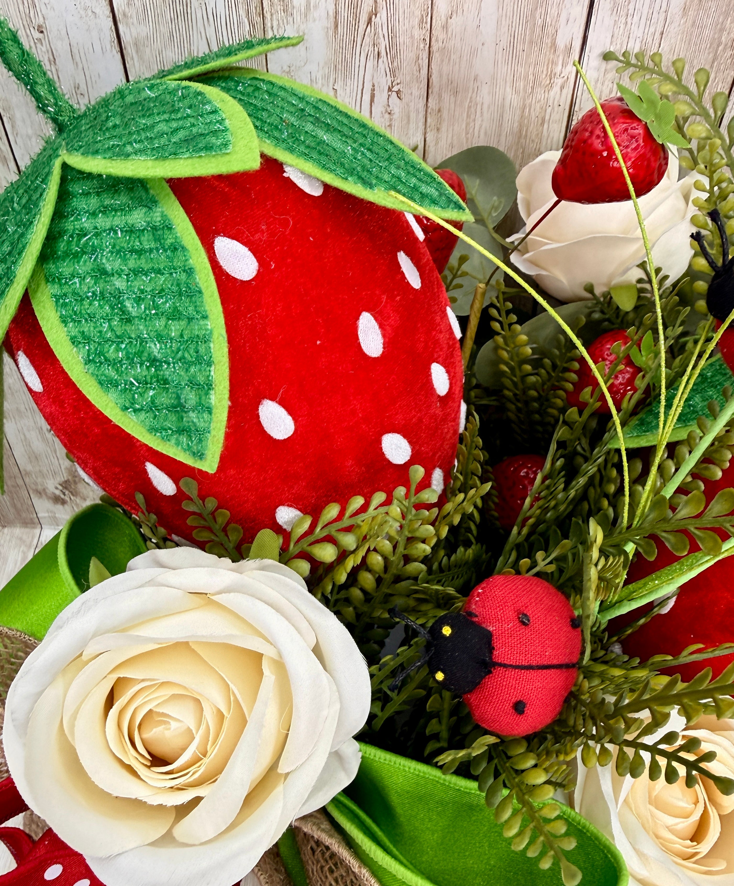Whimsical Strawberry Summer Centerpiece with Ladybugs & Roses