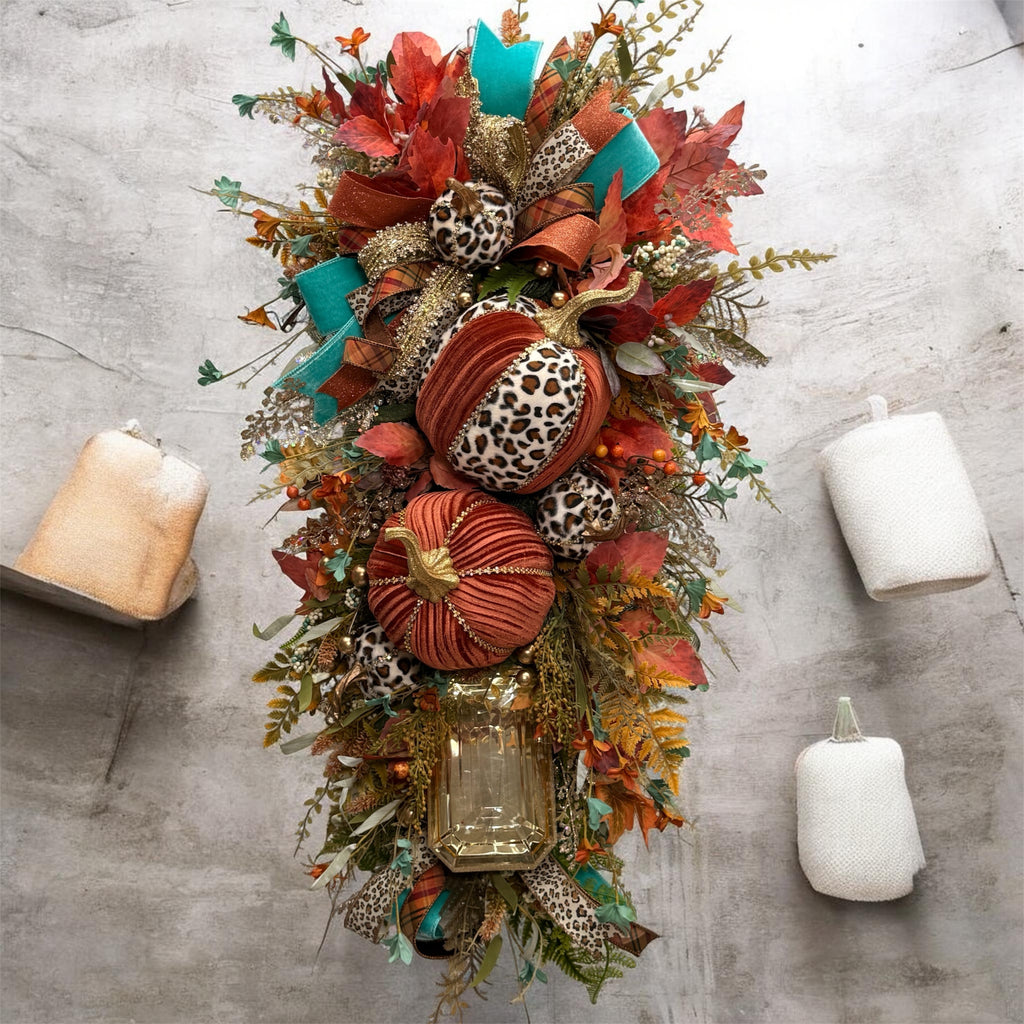 Luxury Teal & Leopard Fall Door Swag | Elegant Autumn Front Door Decor