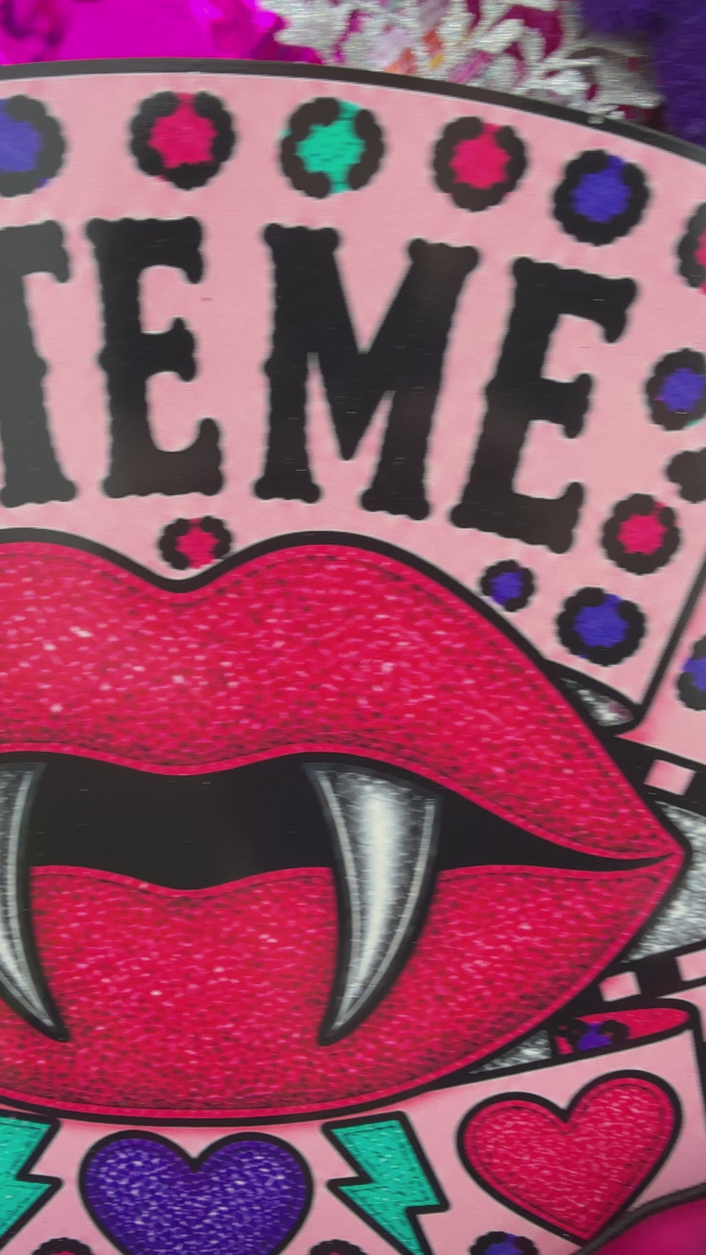 Bite Me Halloween Wreath | Whimsical Pink Vampire Front Door Decor