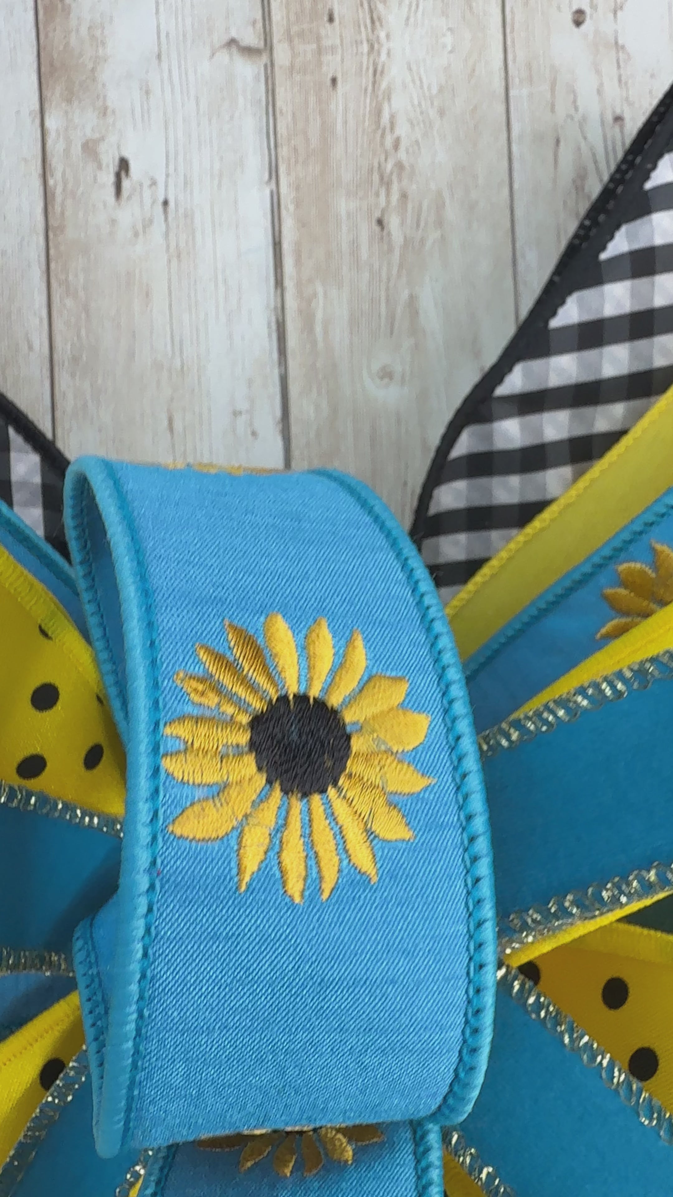Large Sunflower Bow, Yellow Blue Front Door Decor, Summer Wreath Bow, Farmhouse Porch Decor, Fall Sunflower Bow, Buffalo Check Bow