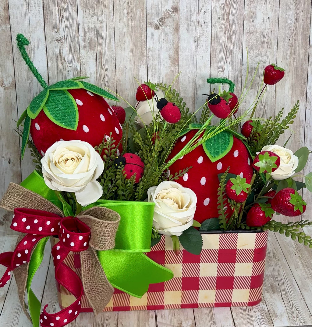 Whimsical Strawberry Summer Centerpiece with Ladybugs & Roses