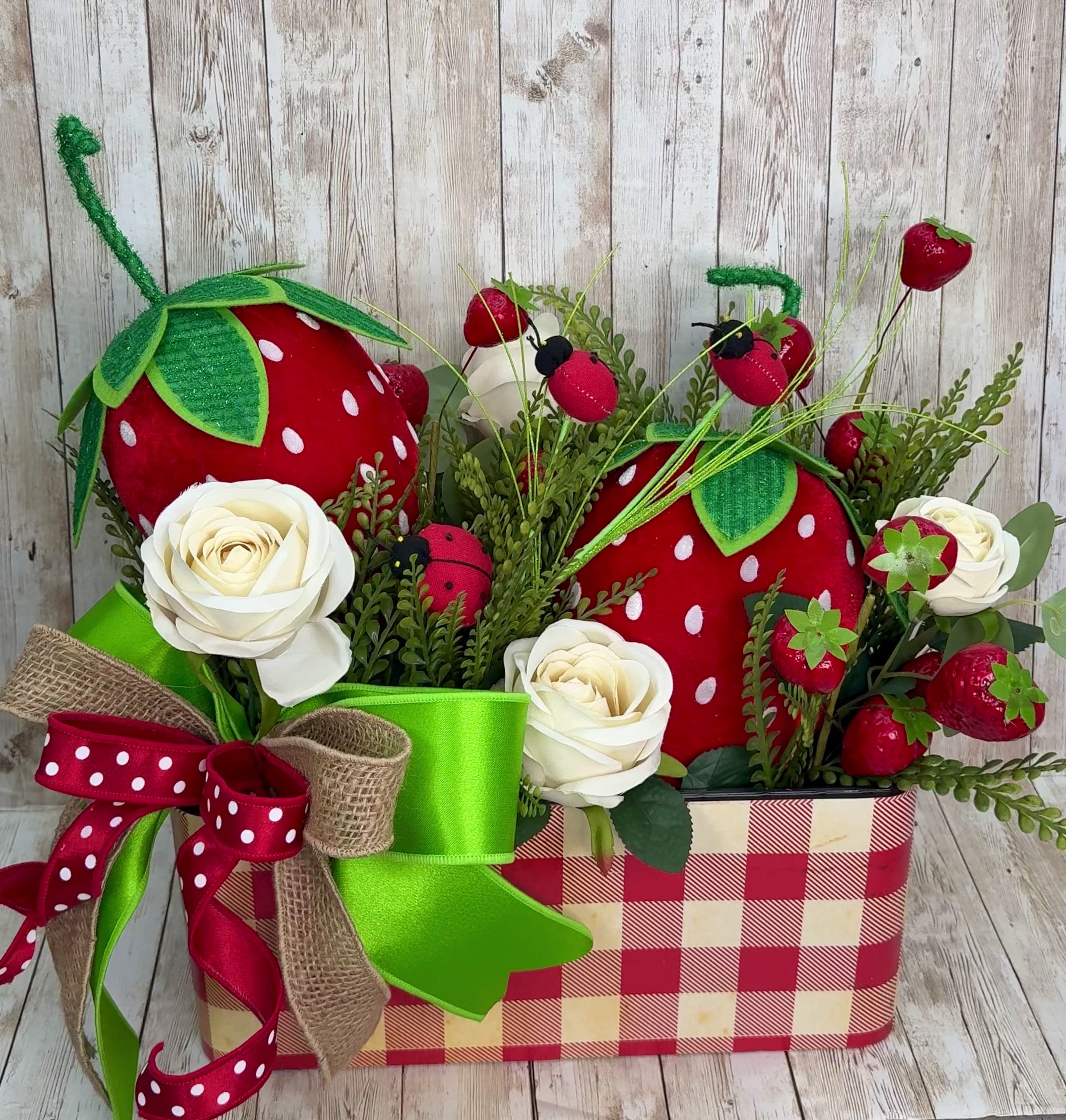 Whimsical Strawberry Summer Centerpiece with Ladybugs & Roses