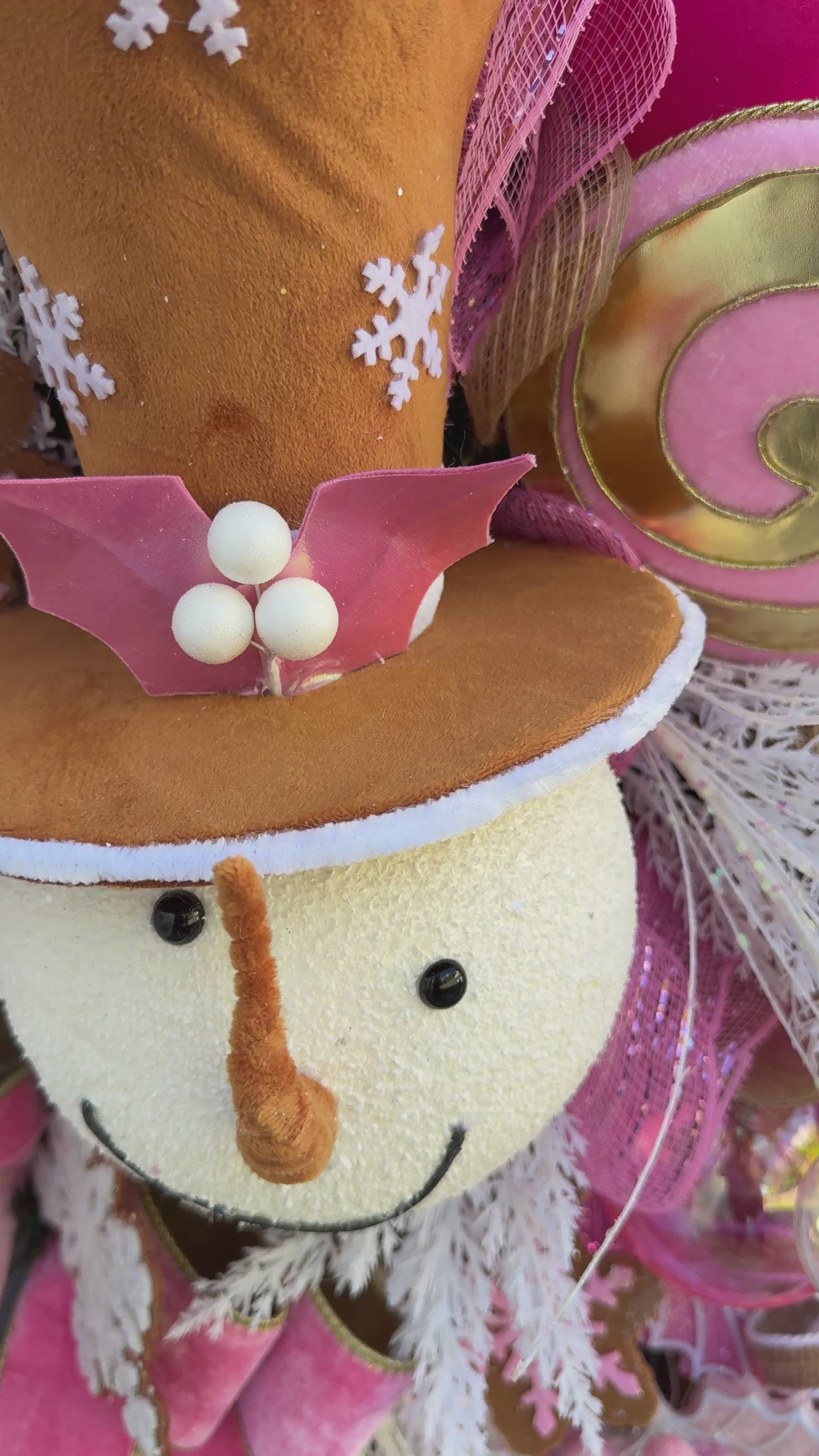 Pink Christmas Snowman Wreath: Candyland Holiday Door Decor